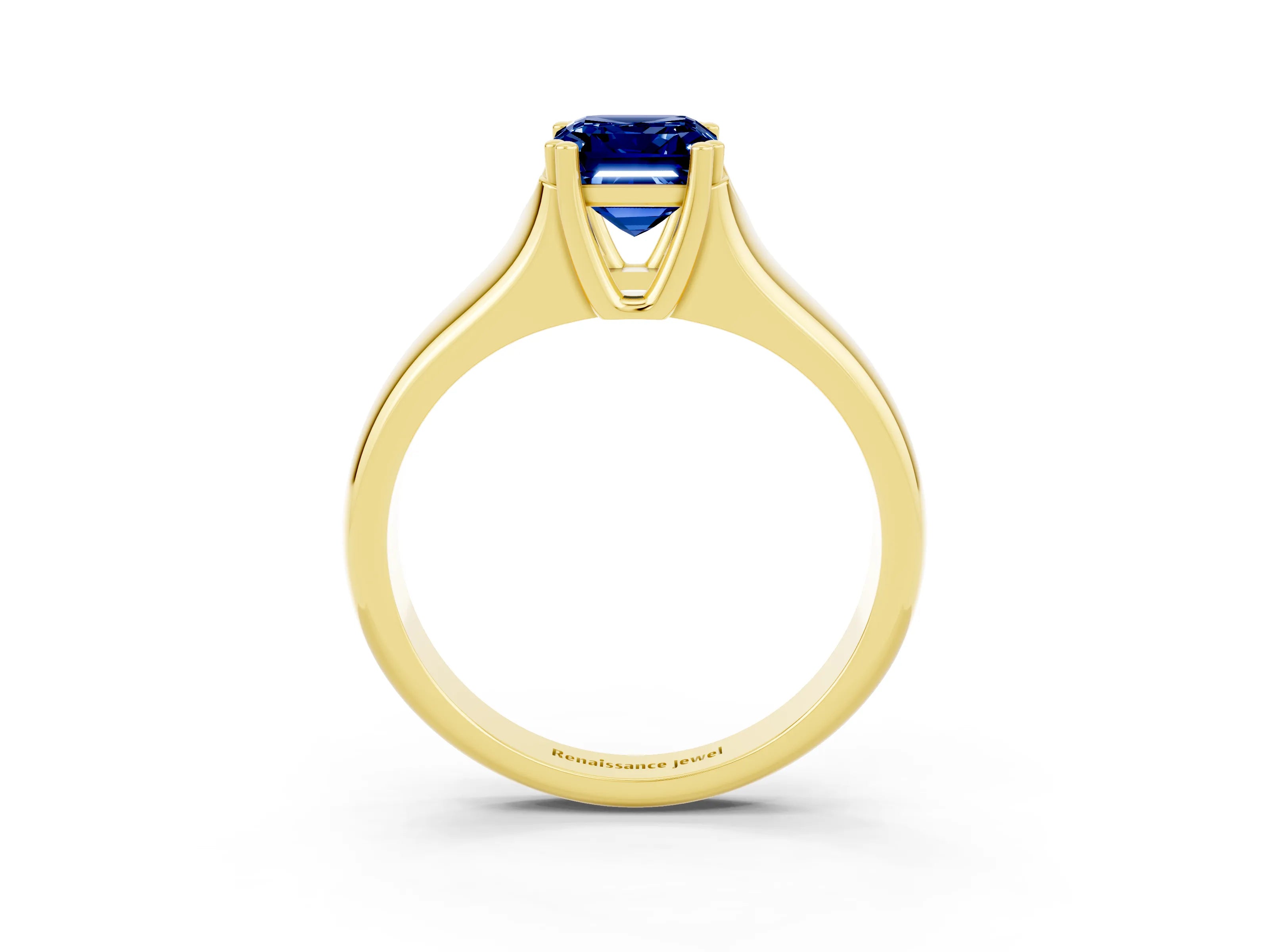 Yellow gold Emerald Cut Blue Sapphire Solitaire Ring with Wide Band and Prong Setting_3