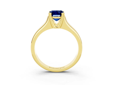 Yellow gold Emerald Cut Blue Sapphire Solitaire Ring with Wide Band and Prong Setting_3