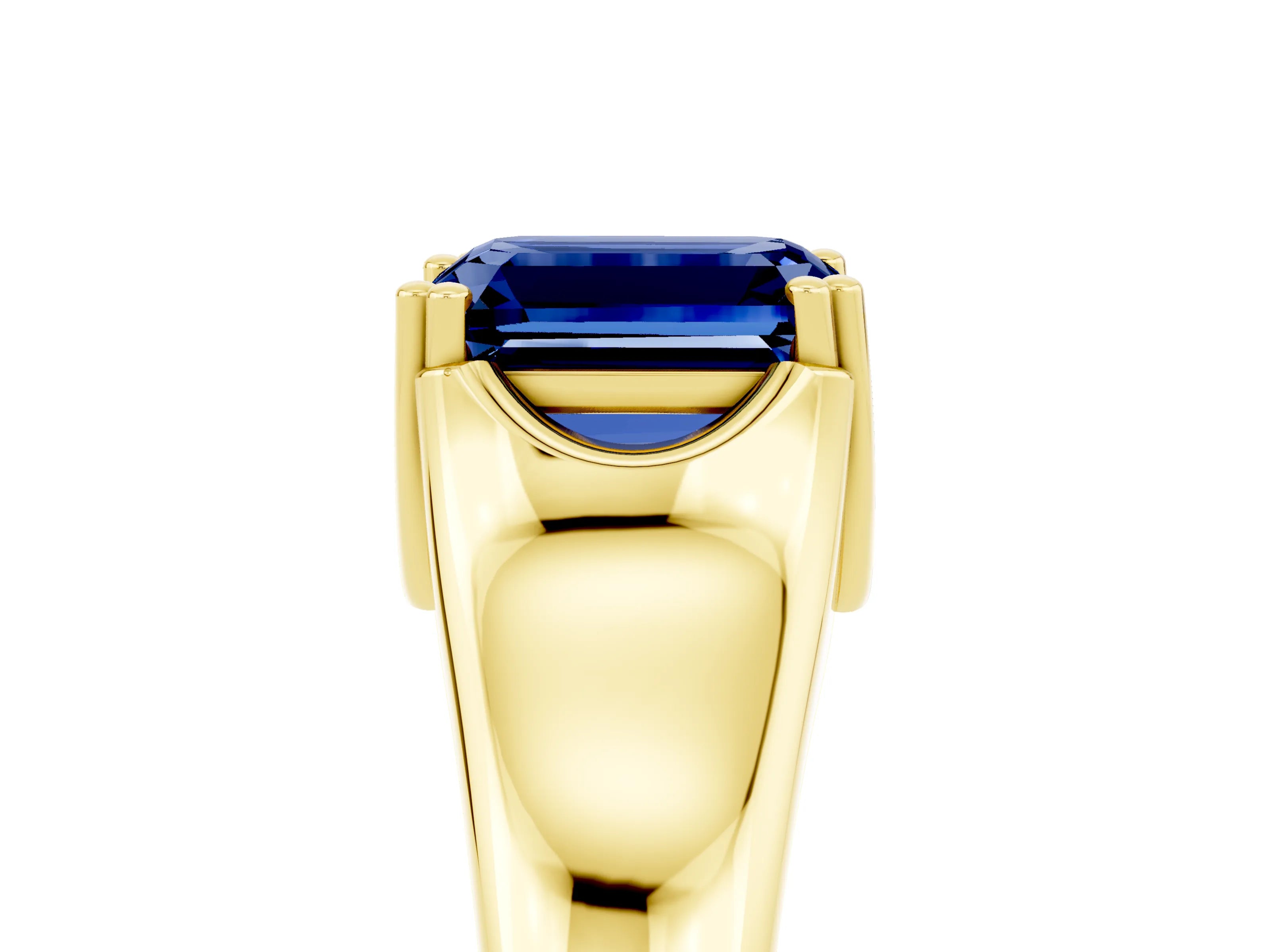 Yellow gold Emerald Cut Blue Sapphire Solitaire Ring with Wide Band and Prong Setting_5