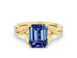 Yellow gold Emerald Cut Blue Sapphire Solitaire Twist Band Prong Setting Ring_36