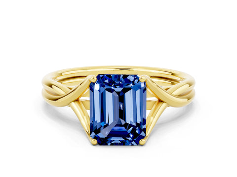 Yellow gold Emerald Cut Blue Sapphire Solitaire Twist Band Prong Setting Ring_36