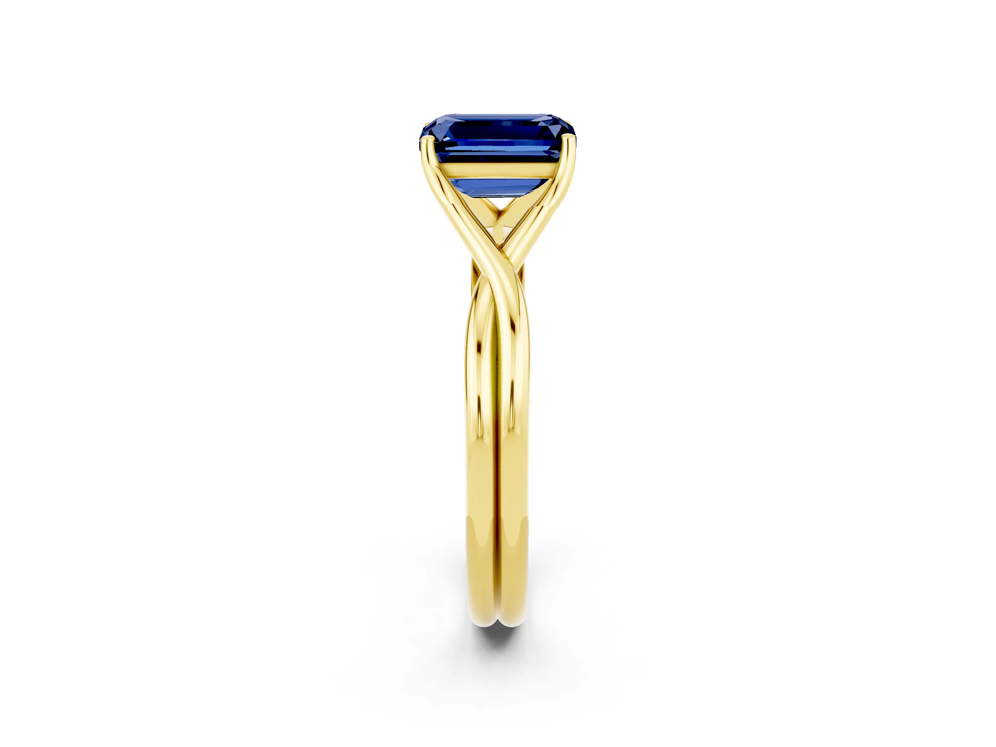 Yellow gold Emerald Cut Blue Sapphire Solitaire Twist Band Prong Setting Ring_38