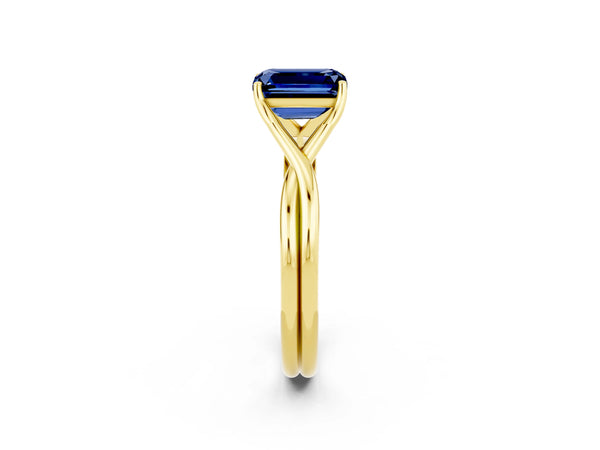 Yellow gold Emerald Cut Blue Sapphire Solitaire Twist Band Prong Setting Ring