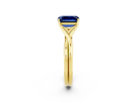Yellow gold Emerald Cut Blue Sapphire Solitaire Twist Band Prong Setting Ring_38
