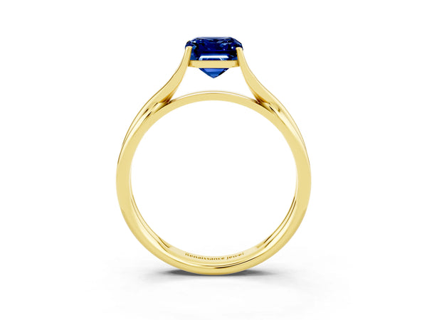 Yellow gold Emerald Cut Blue Sapphire Solitaire Twist Band Prong Setting Ring