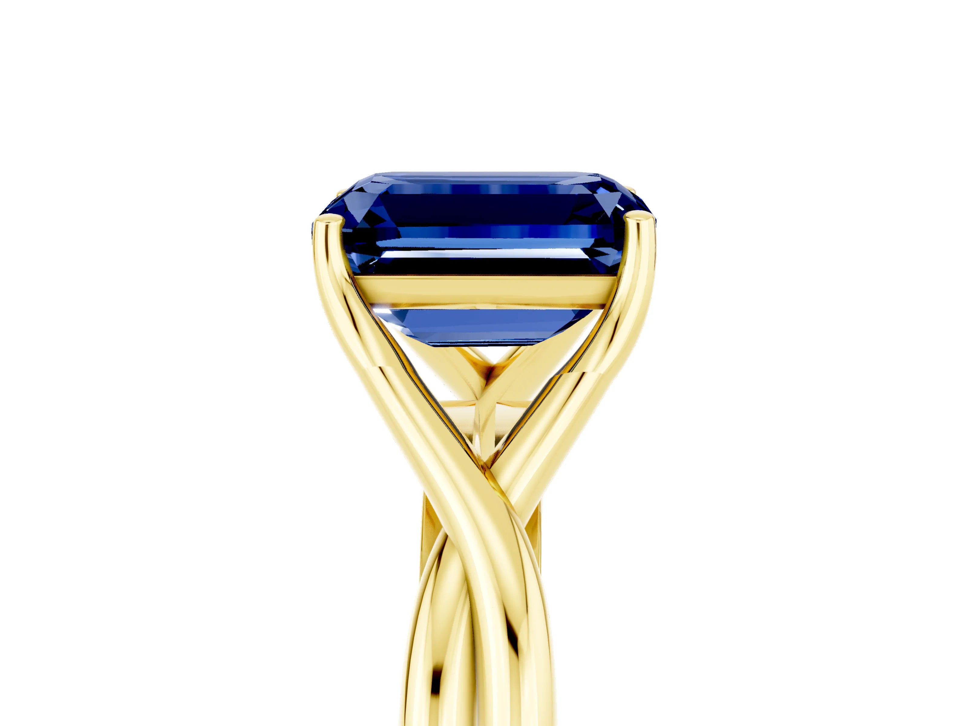 Yellow gold Emerald Cut Blue Sapphire Solitaire Twist Band Prong Setting Ring_41