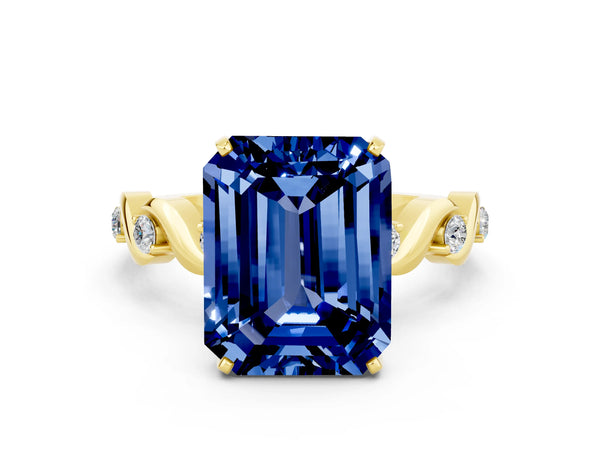 Yellow gold Emerald Cut Blue Sapphire Solitaire Twisted Band with Round  Accents and Prong Setting
