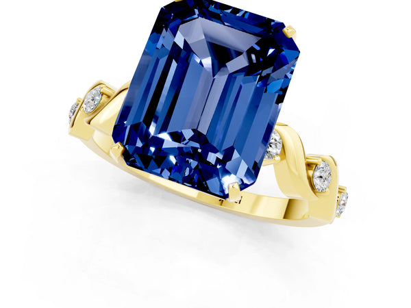 Yellow gold Emerald Cut Blue Sapphire Solitaire Twisted Band with Round  Accents and Prong Setting
