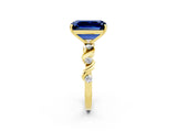 Yellow gold Emerald Cut Blue Sapphire Solitaire Twisted Band with Round  Accents and Prong Setting_14