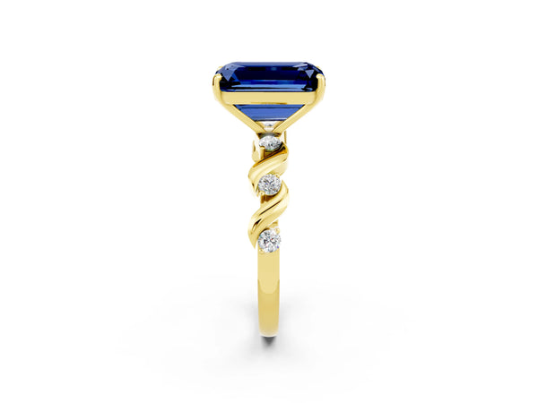 Yellow gold Emerald Cut Blue Sapphire Solitaire Twisted Band with Round  Accents and Prong Setting