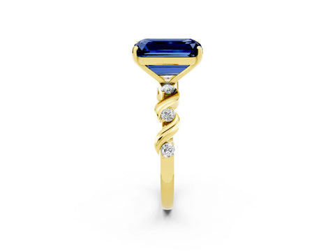 Yellow gold Emerald Cut Blue Sapphire Solitaire Twisted Band with Round  Accents and Prong Setting_14