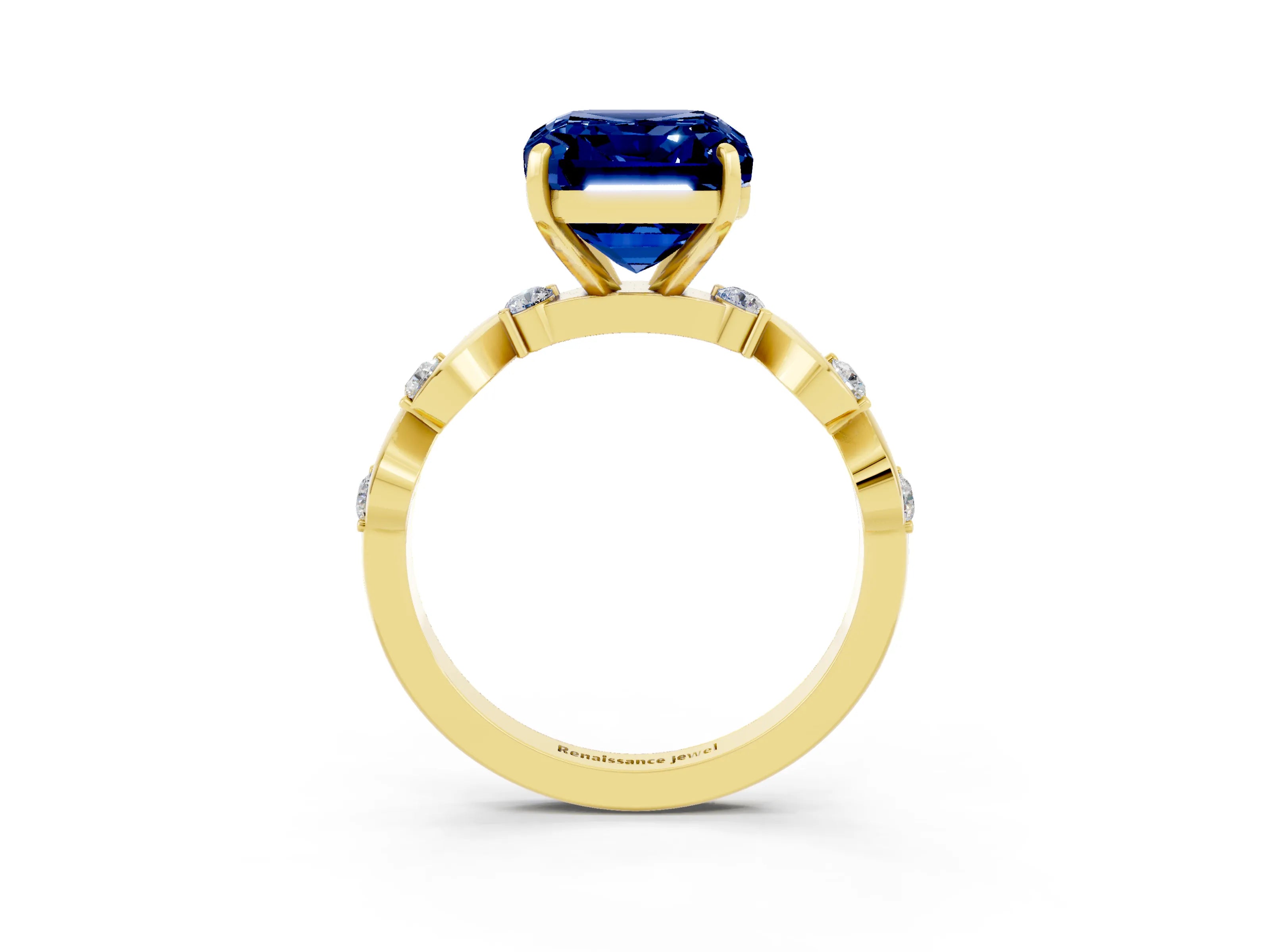 Yellow gold Emerald Cut Blue Sapphire Solitaire Twisted Band with Round  Accents and Prong Setting_15