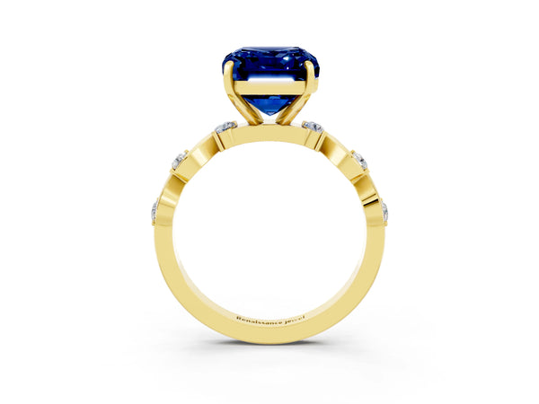 Yellow gold Emerald Cut Blue Sapphire Solitaire Twisted Band with Round  Accents and Prong Setting