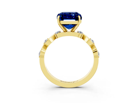 Yellow gold Emerald Cut Blue Sapphire Solitaire Twisted Band with Round  Accents and Prong Setting_15