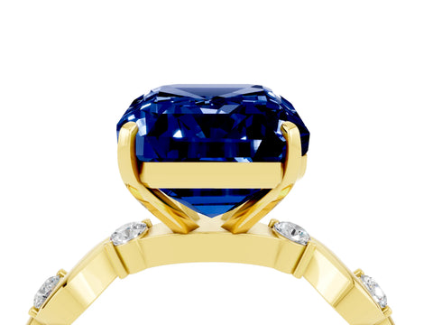 Yellow gold Emerald Cut Blue Sapphire Solitaire Twisted Band with Round  Accents and Prong Setting_16