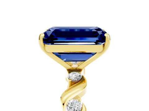 Yellow gold Emerald Cut Blue Sapphire Solitaire Twisted Band with Round  Accents and Prong Setting_17