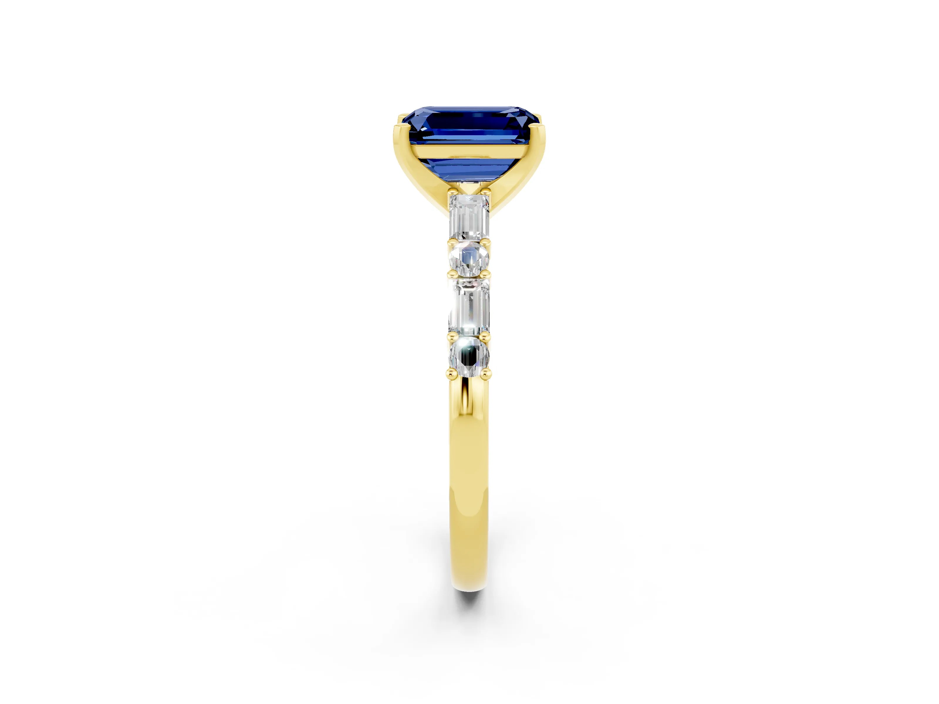 Yellow gold Emerald Cut Blue Sapphire Solitaire with Side Baguettes and Channel Set Band_2