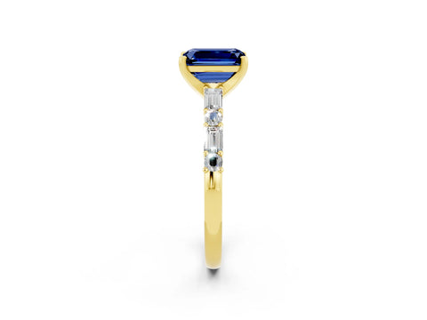 Yellow gold Emerald Cut Blue Sapphire Solitaire with Side Baguettes and Channel Set Band_2