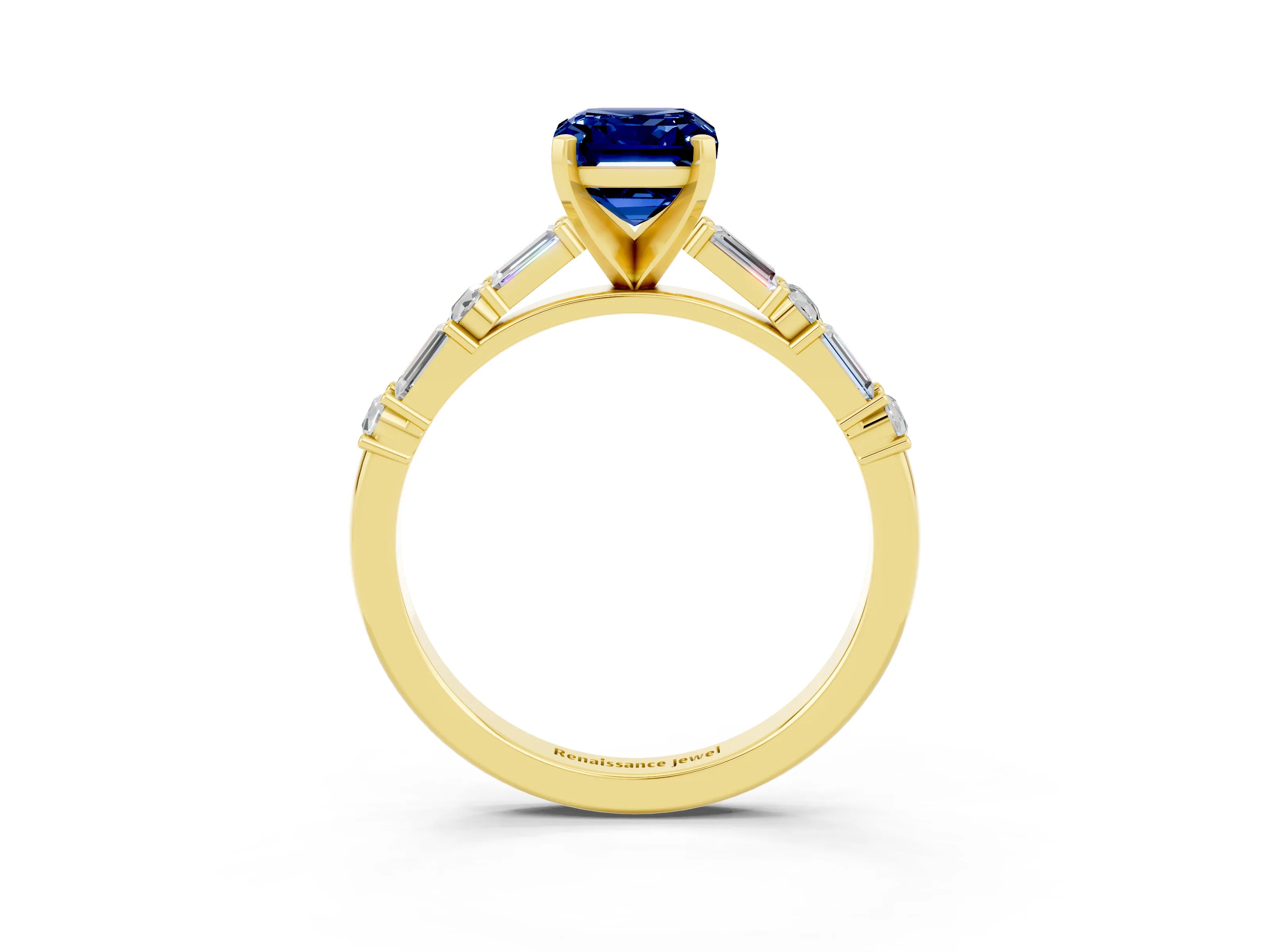 Yellow gold Emerald Cut Blue Sapphire Solitaire with Side Baguettes and Channel Set Band_3