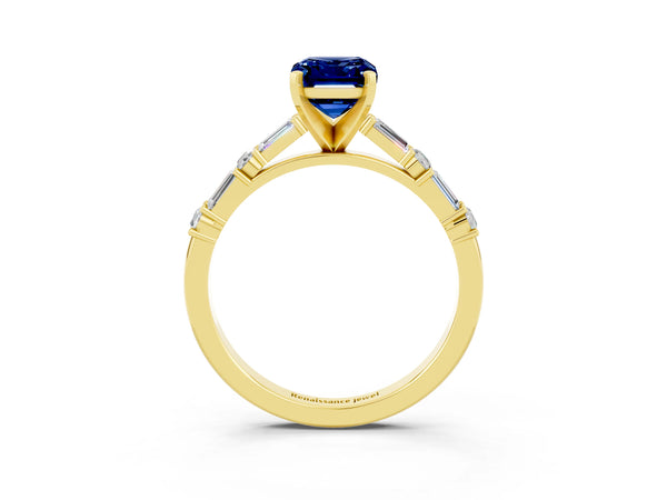 Yellow gold Emerald Cut Blue Sapphire Solitaire with Side Baguettes and Channel Set Band