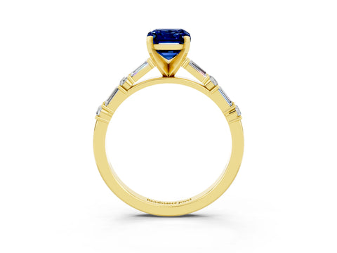 Yellow gold Emerald Cut Blue Sapphire Solitaire with Side Baguettes and Channel Set Band_3