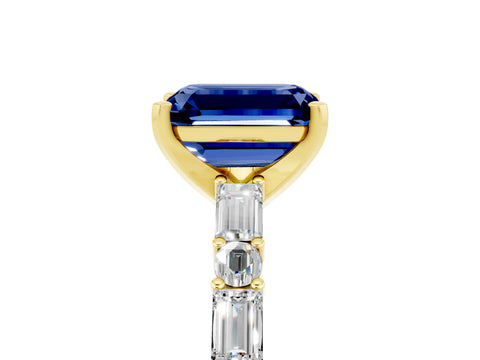 Yellow gold Emerald Cut Blue Sapphire Solitaire with Side Baguettes and Channel Set Band_5