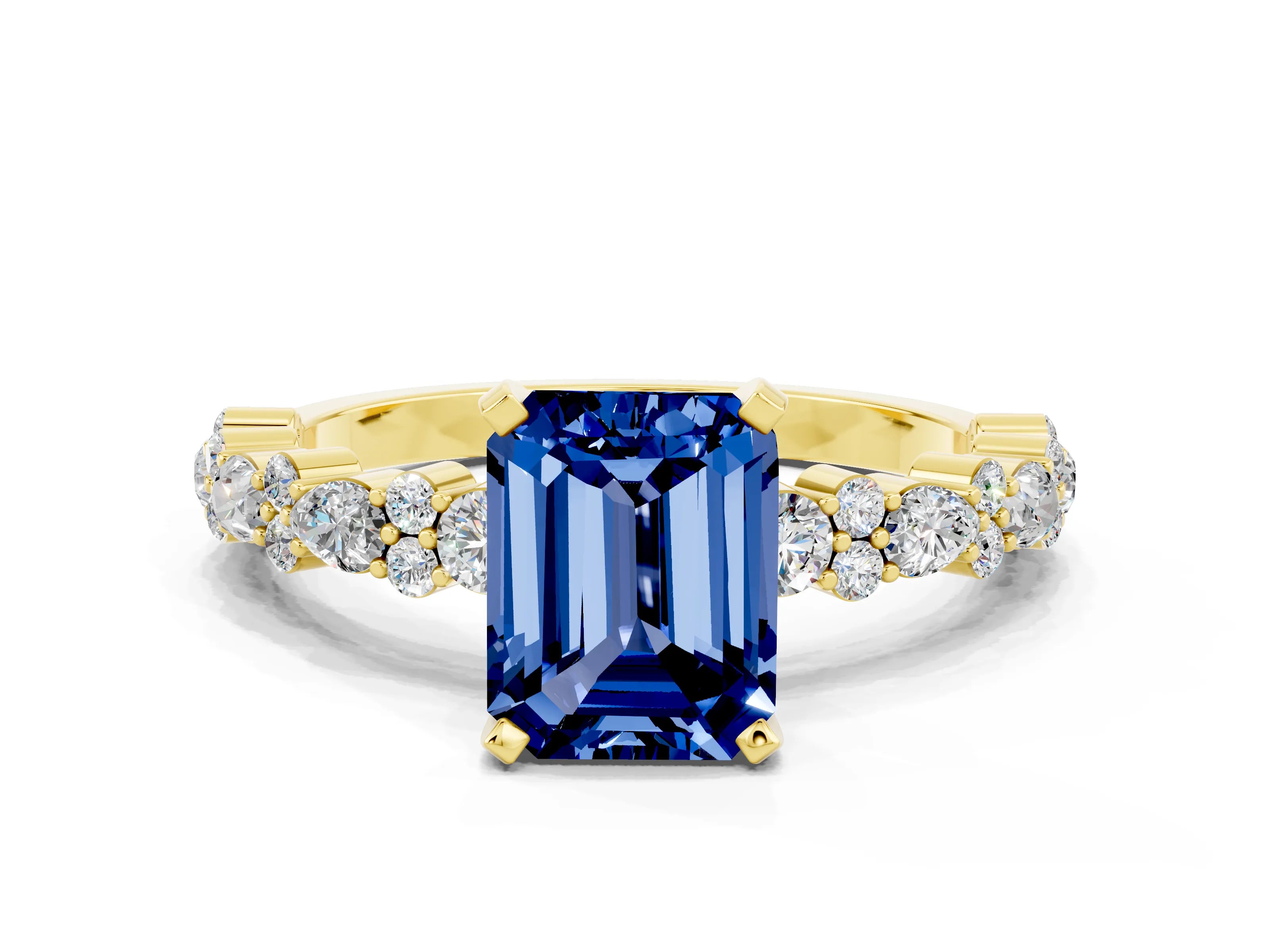 Yellow gold Emerald Cut Blue Sapphire Solitaire with Side Stones, Pave Band, Four-Prong Setting_48