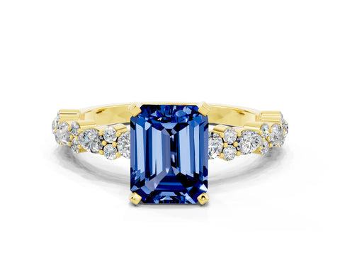 Yellow gold Emerald Cut Blue Sapphire Solitaire with Side Stones, Pave Band, Four-Prong Setting_48