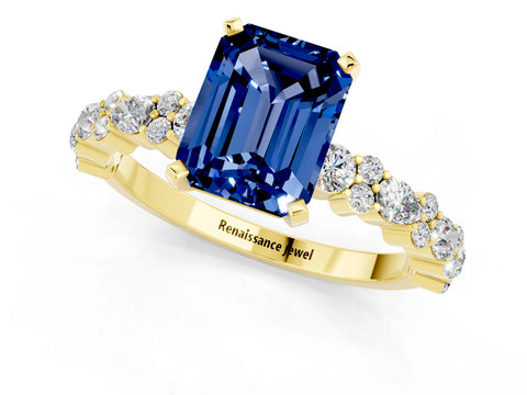 Yellow gold Emerald Cut Blue Sapphire Solitaire with Side Stones, Pave Band, Four-Prong Setting_49