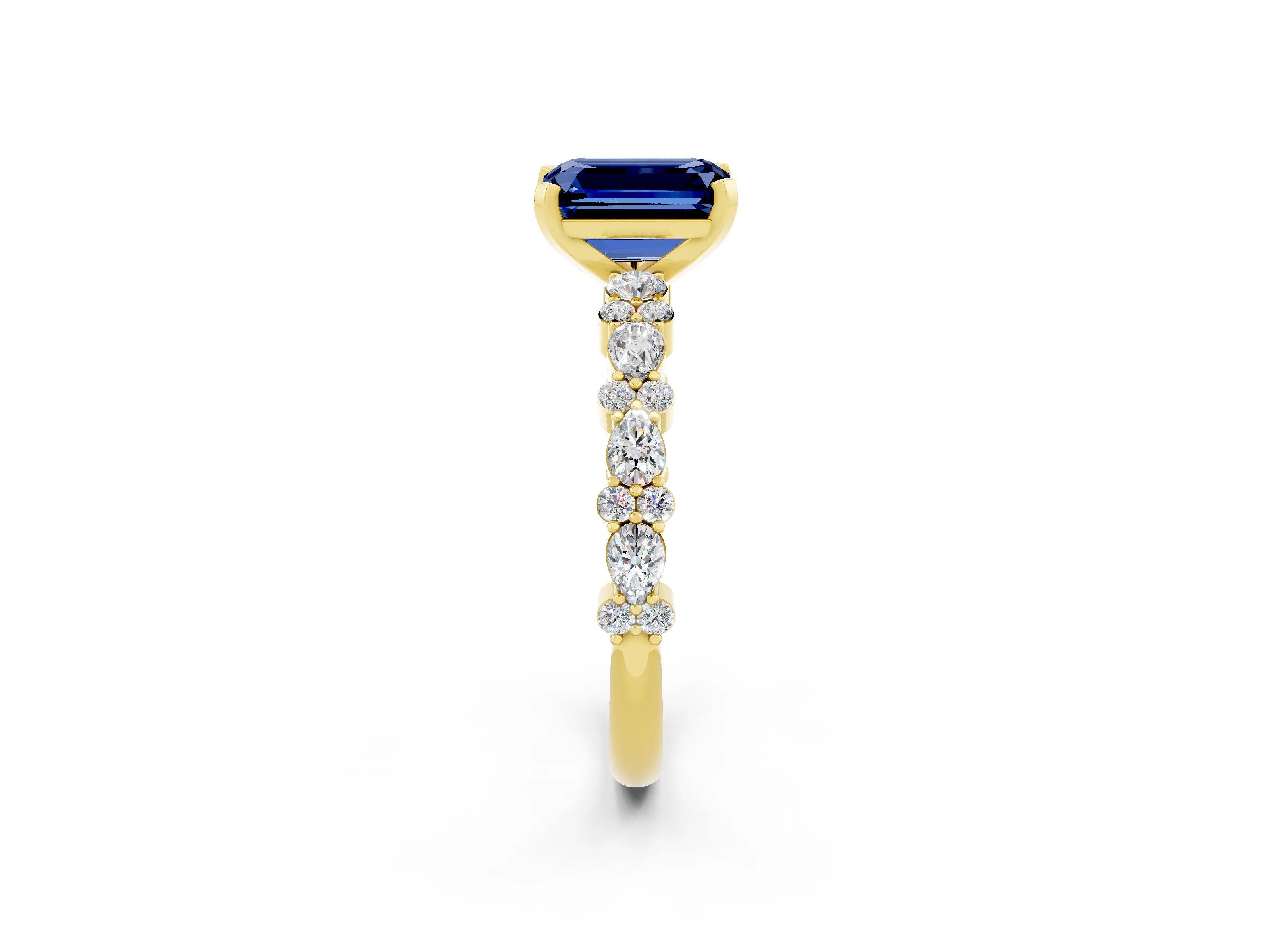 Yellow gold Emerald Cut Blue Sapphire Solitaire with Side Stones, Pave Band, Four-Prong Setting_50