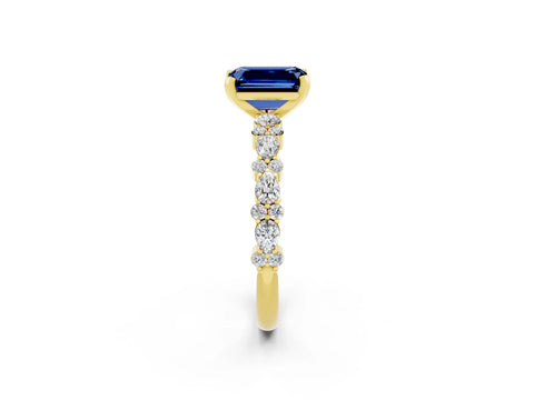 Yellow gold Emerald Cut Blue Sapphire Solitaire with Side Stones, Pave Band, Four-Prong Setting_50