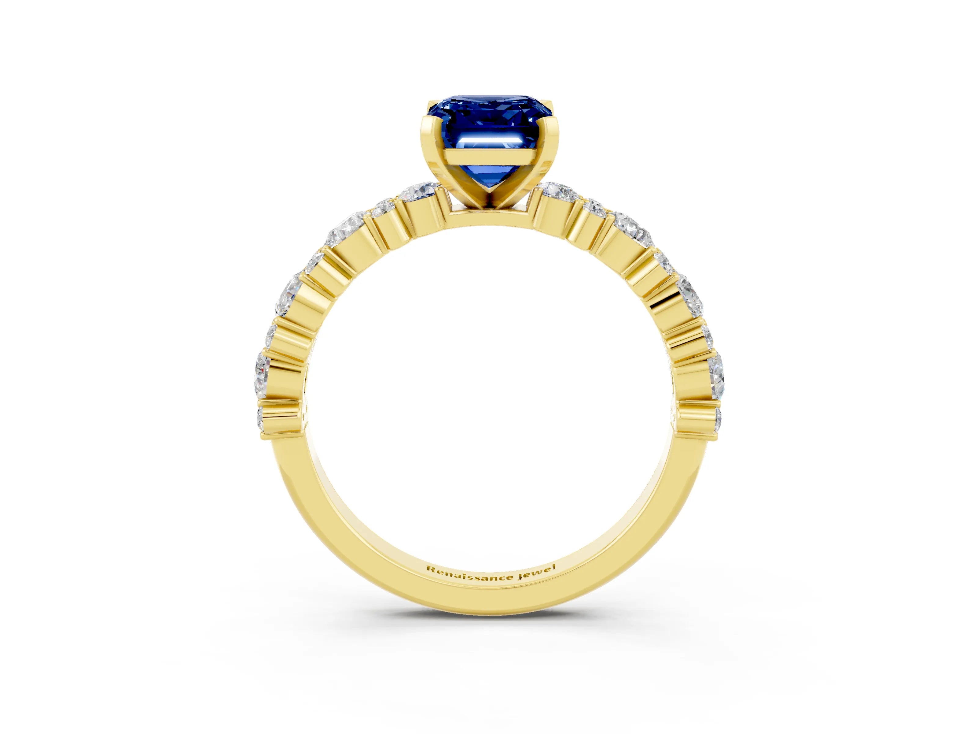 Yellow gold Emerald Cut Blue Sapphire Solitaire with Side Stones, Pave Band, Four-Prong Setting_51