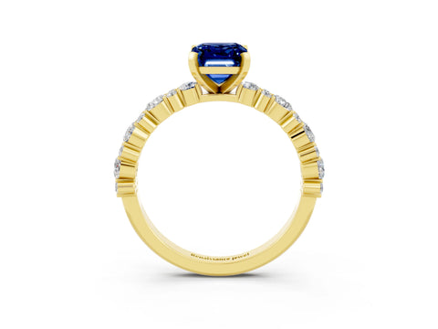 Yellow gold Emerald Cut Blue Sapphire Solitaire with Side Stones, Pave Band, Four-Prong Setting_51