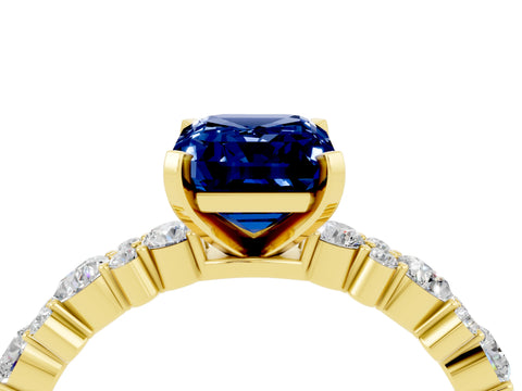 Yellow gold Emerald Cut Blue Sapphire Solitaire with Side Stones, Pave Band, Four-Prong Setting_52