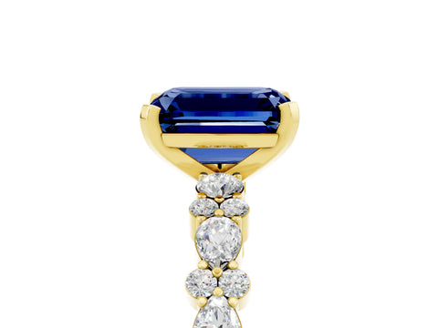 Yellow gold Emerald Cut Blue Sapphire Solitaire with Side Stones, Pave Band, Four-Prong Setting_53