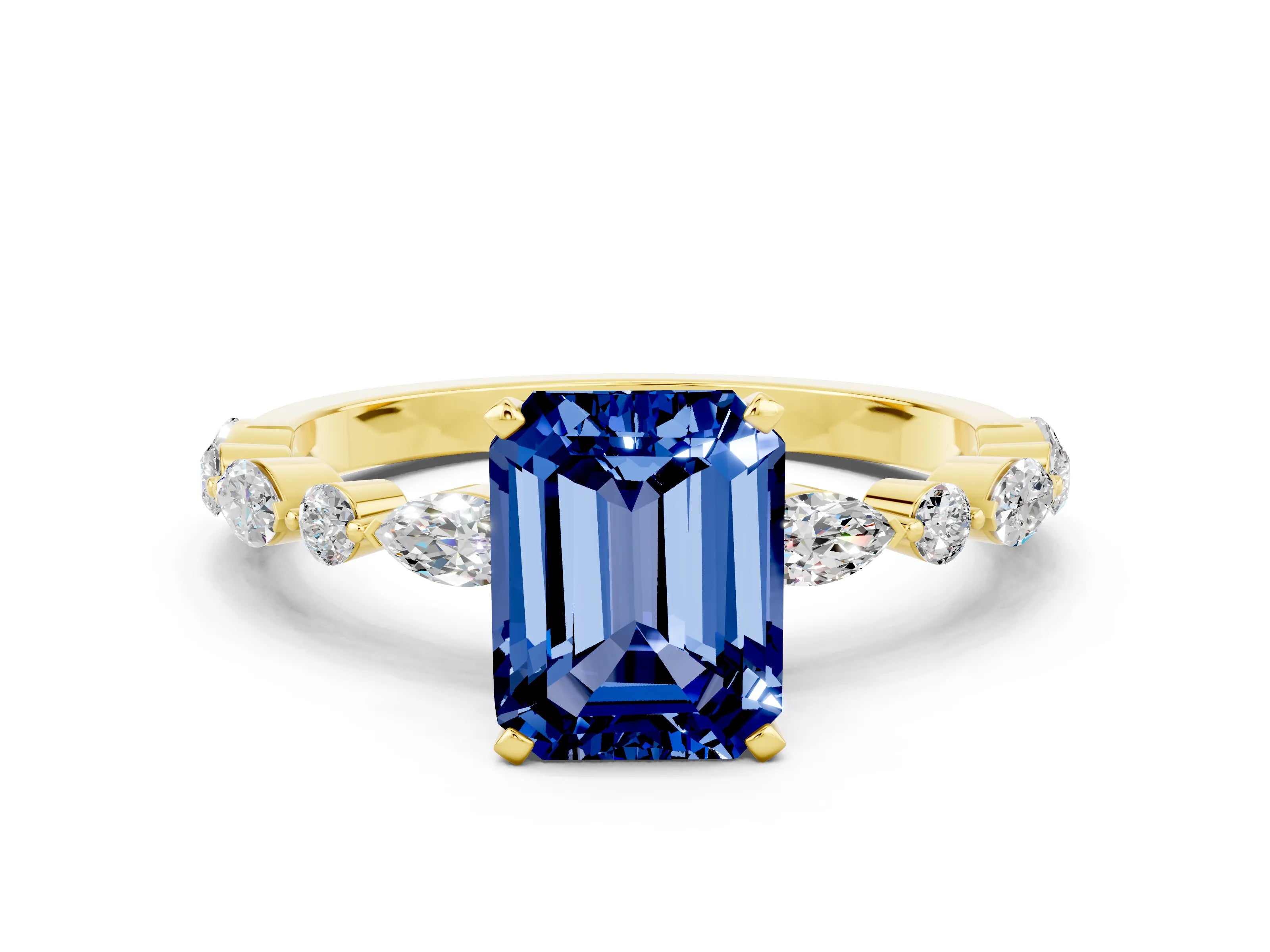 Yellow gold Emerald Cut Blue Sapphire Solitaire with Side Stones on a Pavé Band and Four-Prong Setting