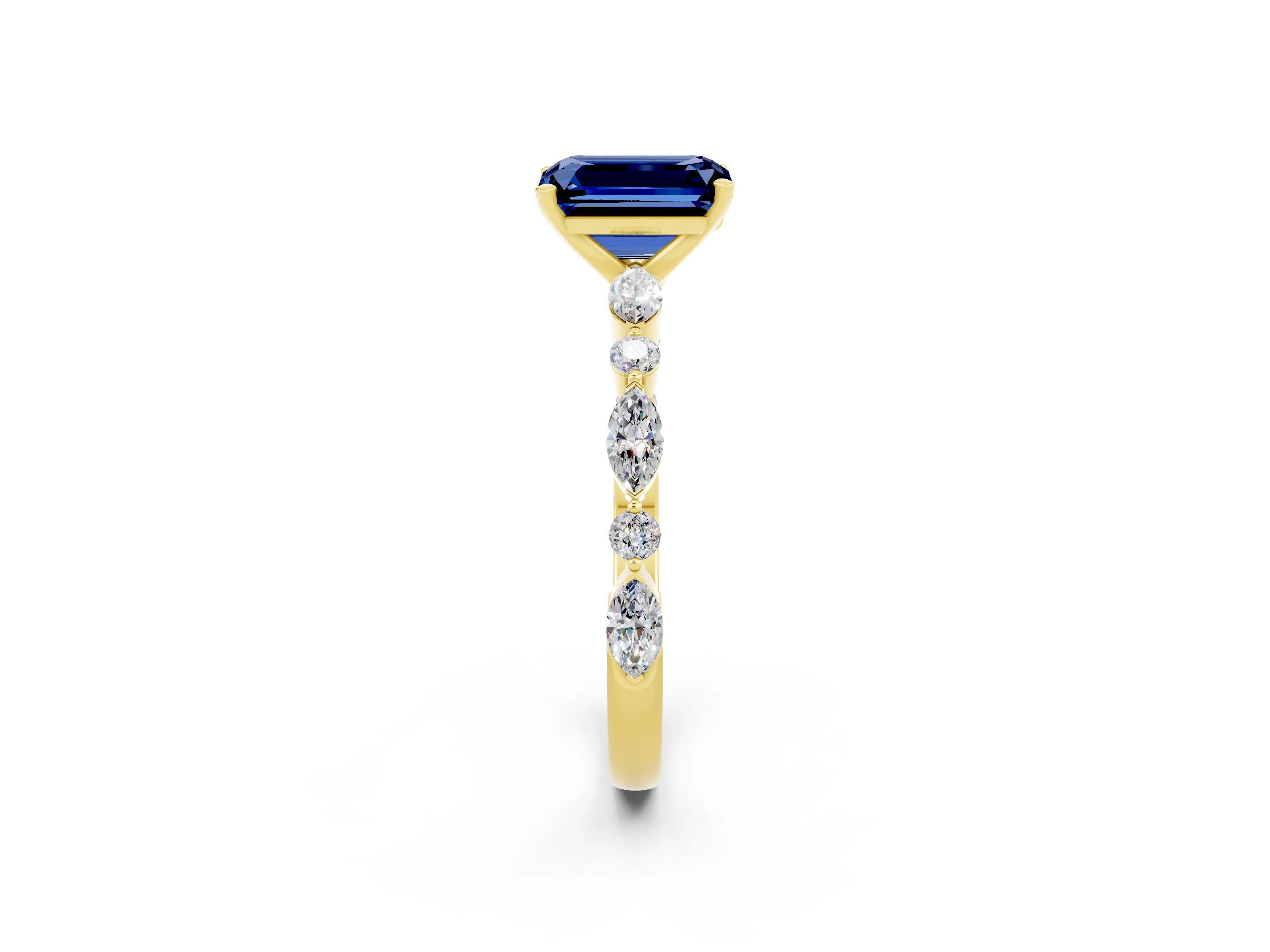 Yellow gold Emerald Cut Blue Sapphire Solitaire with Side Stones on a Pavé Band and Four-Prong Setting_2