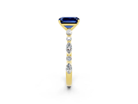 Yellow gold Emerald Cut Blue Sapphire Solitaire with Side Stones on a Pavé Band and Four-Prong Setting_2
