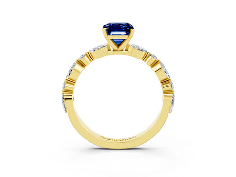 Yellow gold Emerald Cut Blue Sapphire Solitaire with Side Stones on a Pavé Band and Four-Prong Setting_3