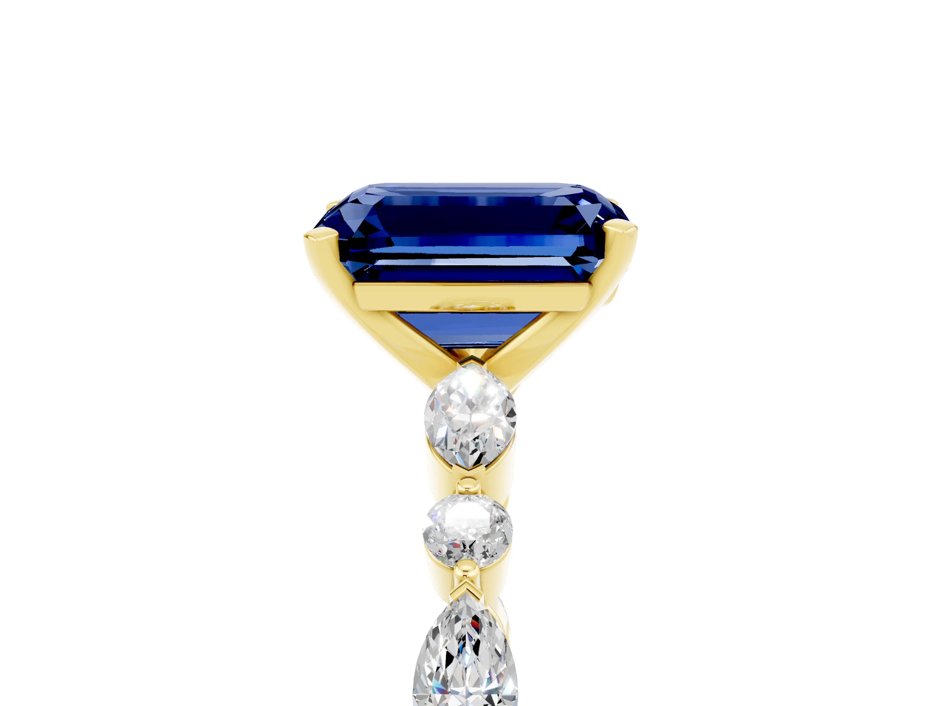 Yellow gold Emerald Cut Blue Sapphire Solitaire with Side Stones on a Pavé Band and Four-Prong Setting_5