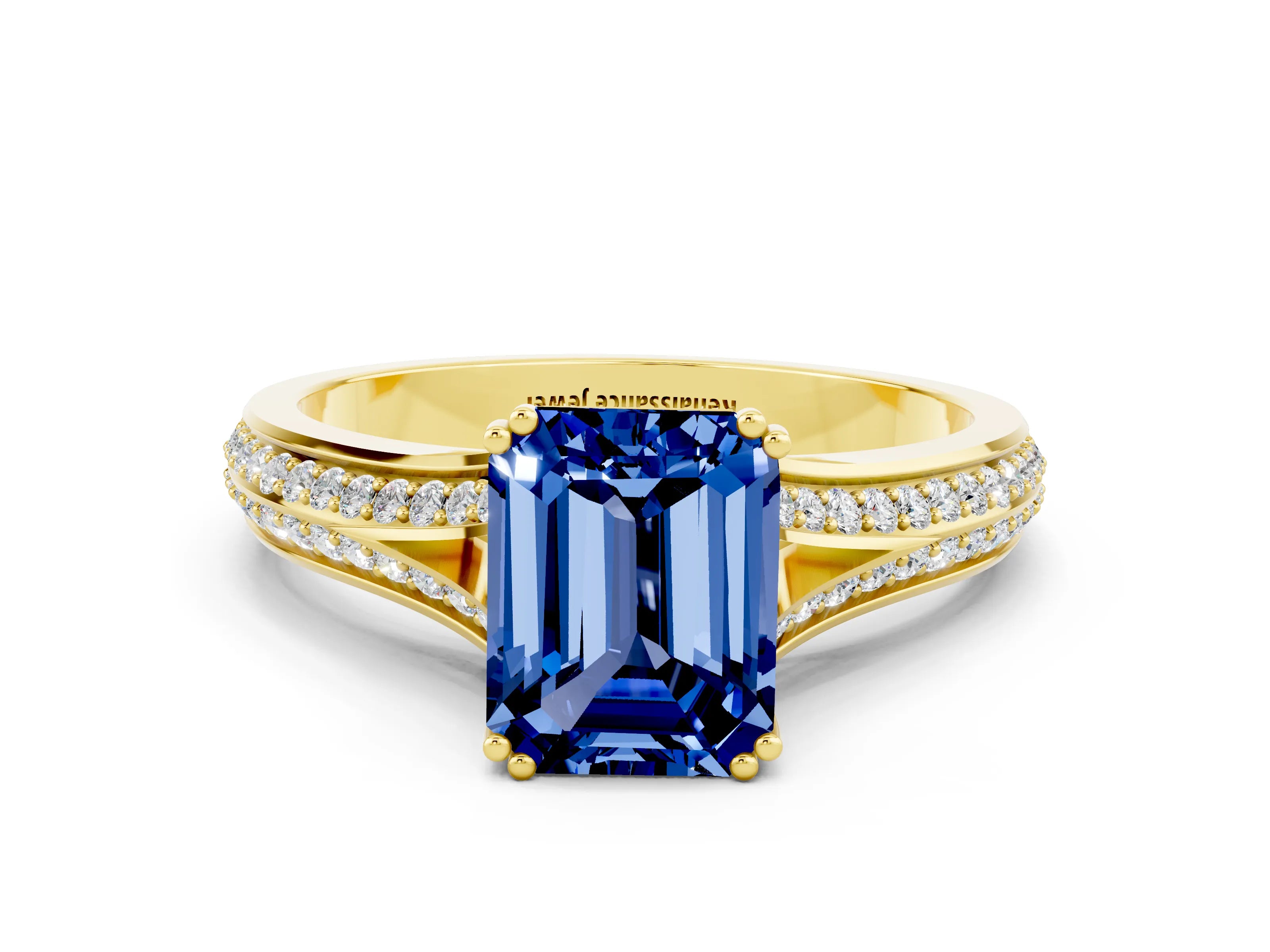 Yellow gold Emerald Cut Blue Sapphire Split Shank Engagement Ring with Pavé Band