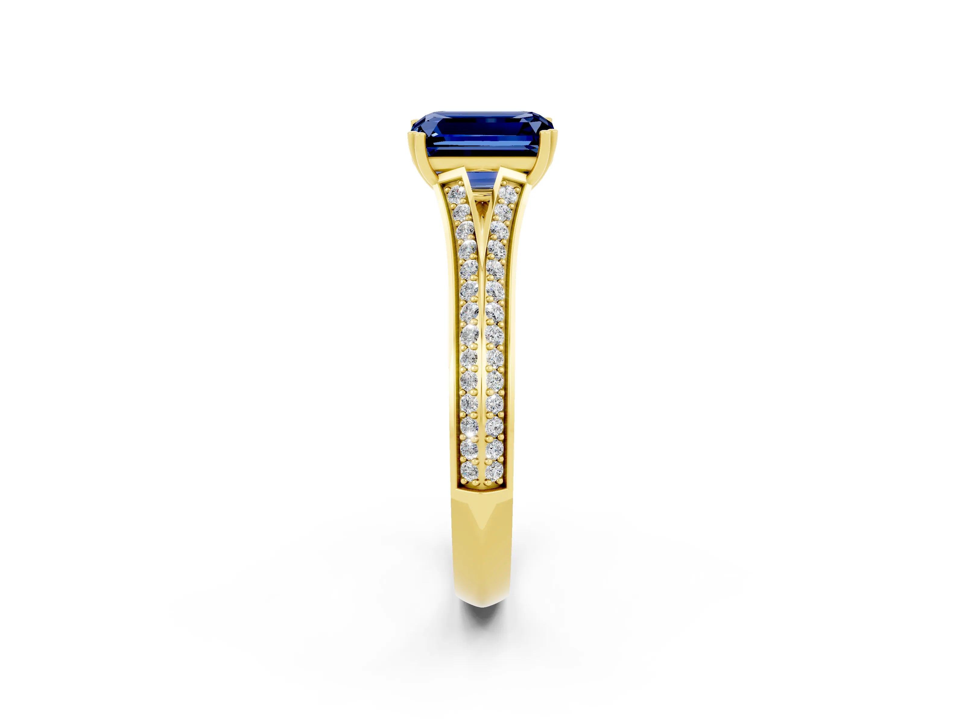 Yellow gold Emerald Cut Blue Sapphire Split Shank Engagement Ring with Pavé Band_2