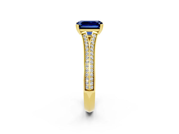 Yellow gold Emerald Cut Blue Sapphire Split Shank Engagement Ring with Pavé Band