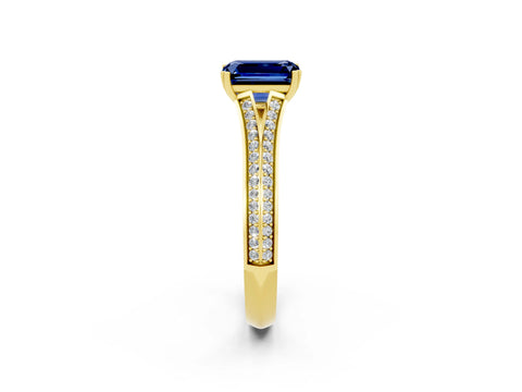 Yellow gold Emerald Cut Blue Sapphire Split Shank Engagement Ring with Pavé Band_2