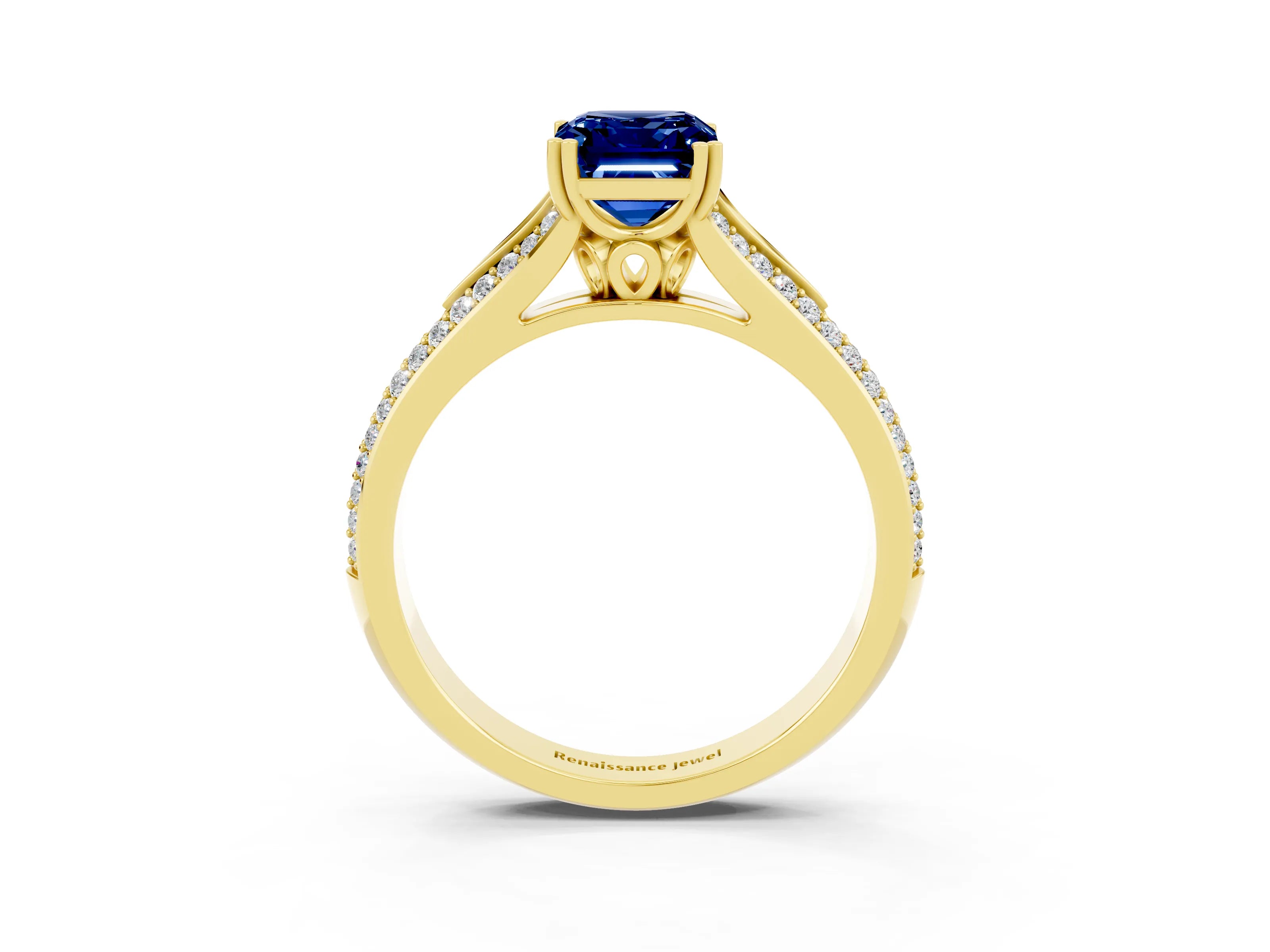 Yellow gold Emerald Cut Blue Sapphire Split Shank Engagement Ring with Pavé Band_3