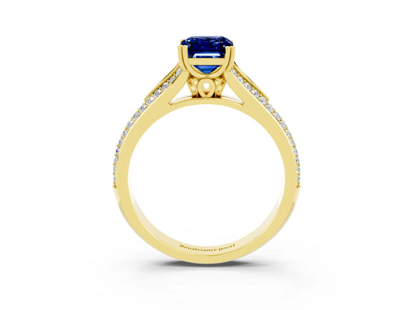 Yellow gold Emerald Cut Blue Sapphire Split Shank Engagement Ring with Pavé Band