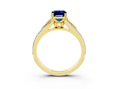 Yellow gold Emerald Cut Blue Sapphire Split Shank Engagement Ring with Pavé Band_3