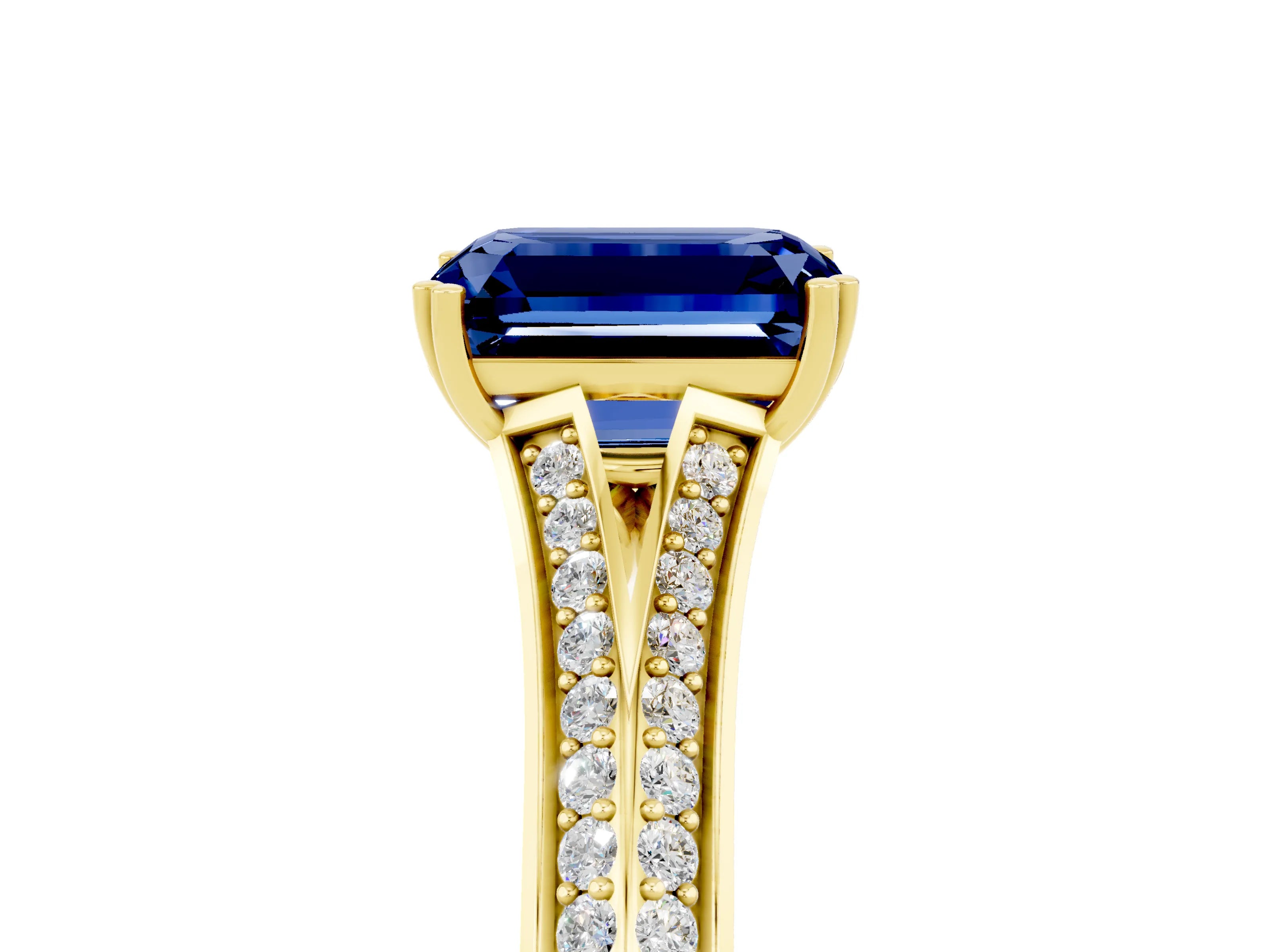 Yellow gold Emerald Cut Blue Sapphire Split Shank Engagement Ring with Pavé Band_5