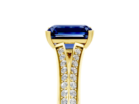 Yellow gold Emerald Cut Blue Sapphire Split Shank Engagement Ring with Pavé Band_5
