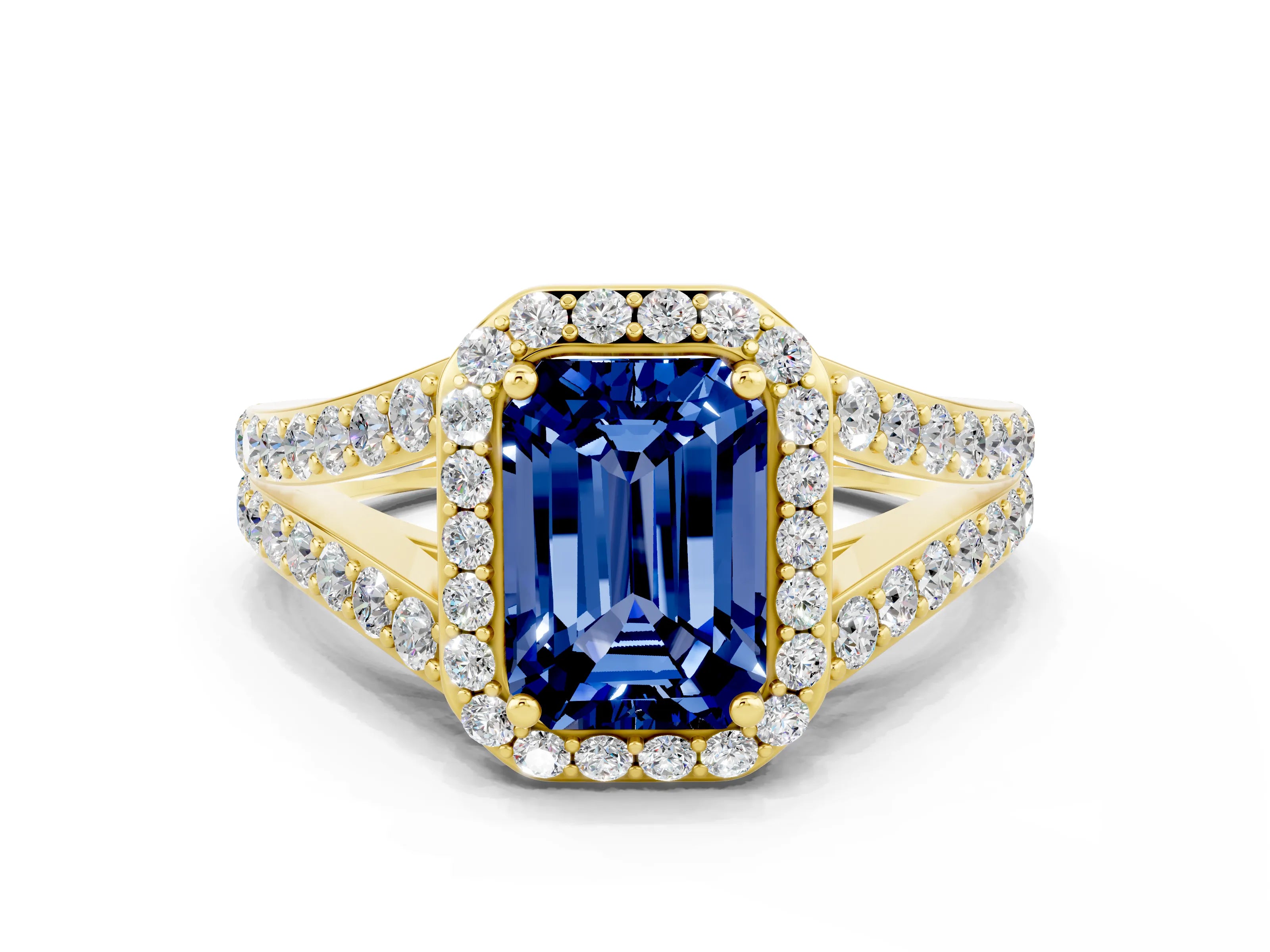 Yellow gold Emerald Cut Blue Sapphire Split Shank Halo Ring with Four-Prong Setting_12